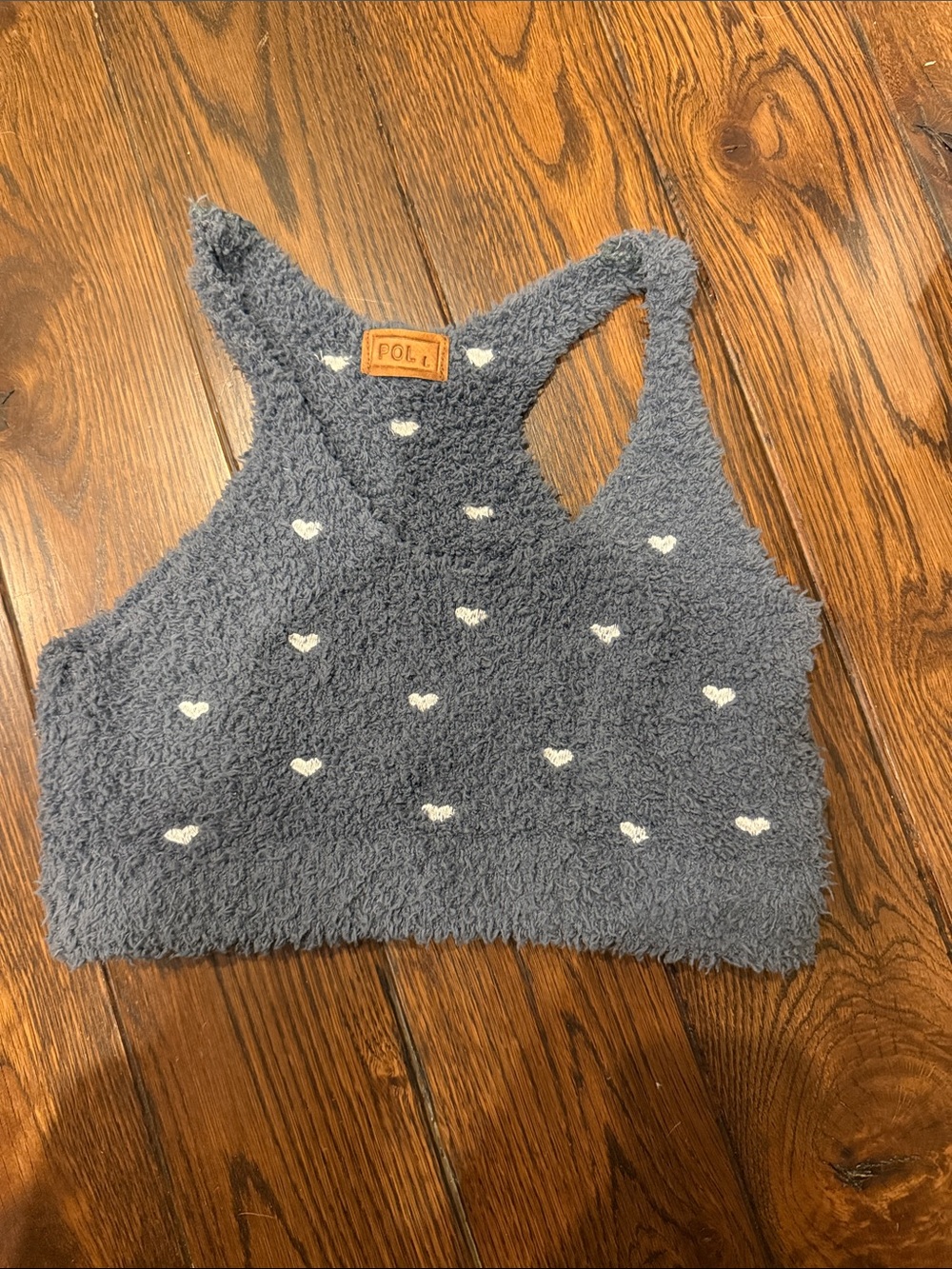 POL Cozy Fuzzy Heart Crop Top in Charcoal Gray with White Hearts